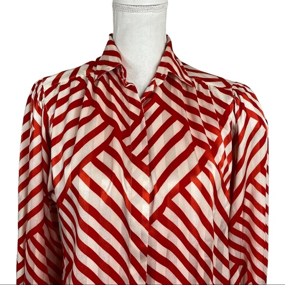 Vintage Evan Picone Petite Red White Mixed Stripe Button Down Satin Blouse - Picture 2 of 9